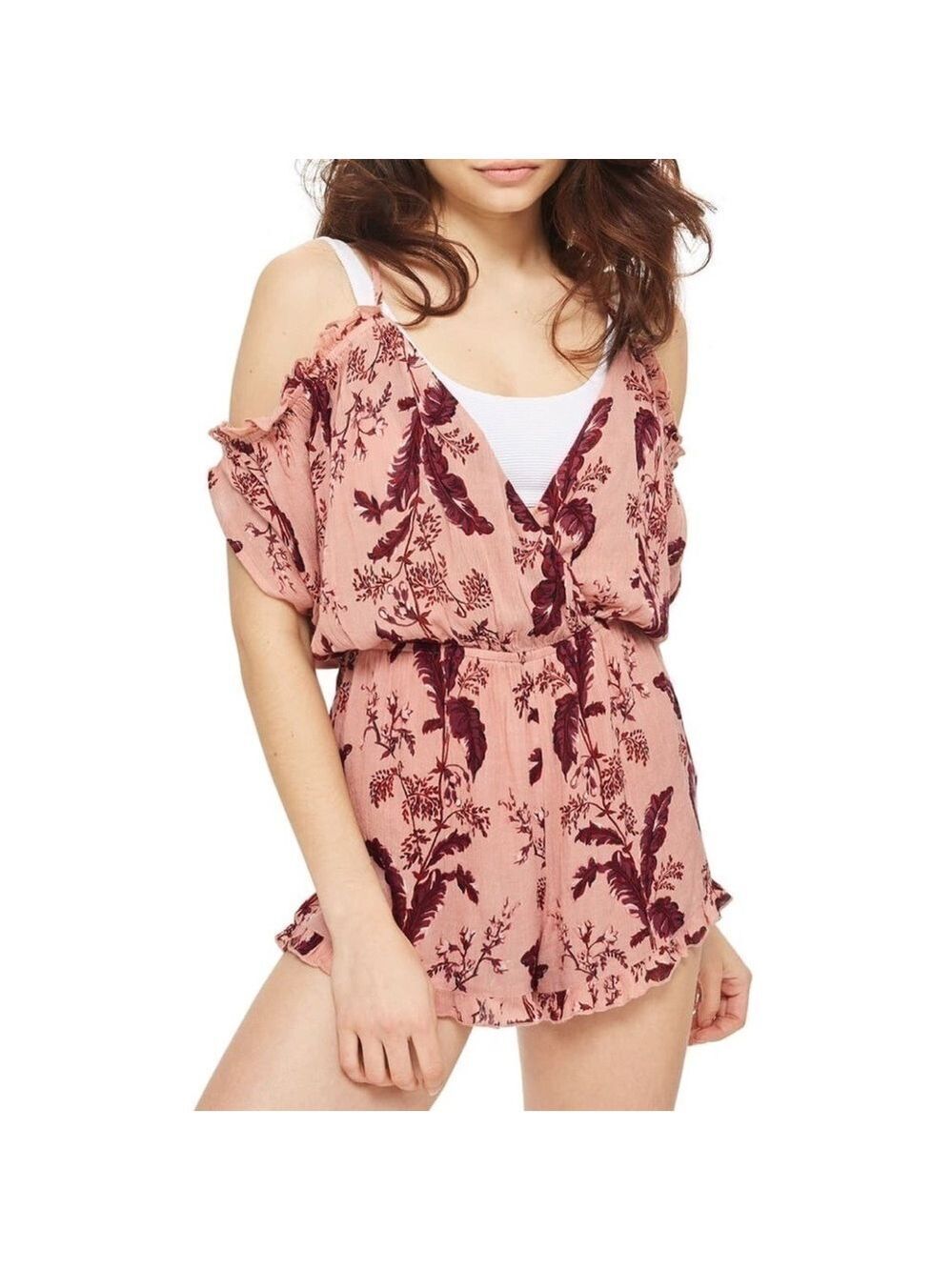 Topshop boho gauzy floral ruffled cold shoulder romper size S